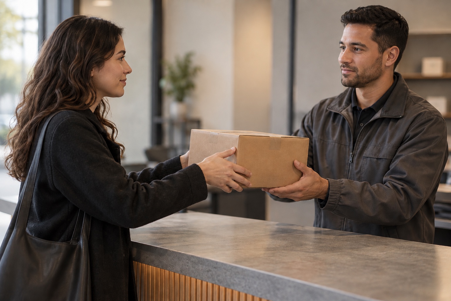 A customer hands a cardboard parcel to a courier at a drop-off counter.