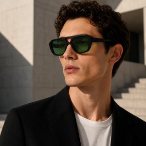 Model wearing Retro Double-Bridge Square Sunglasses